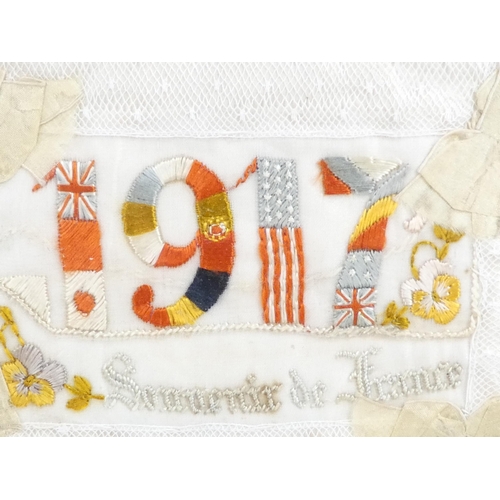 19 - An early 20th century souvenir of France - silk and lace panel embroidered with the date 1917 in the... 