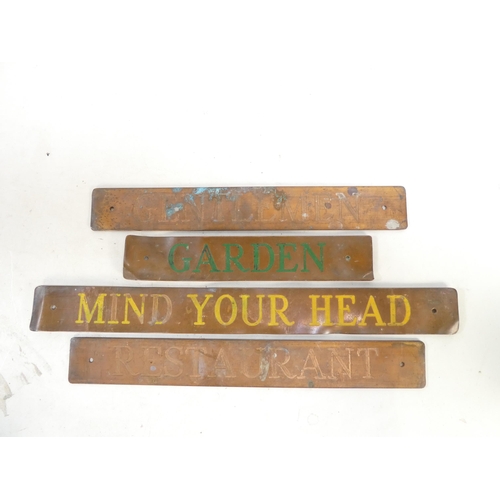 2 - Four copper signs - 'Mind Your Head', 'Gentleman', 'Restaurant' and 'Garden'.