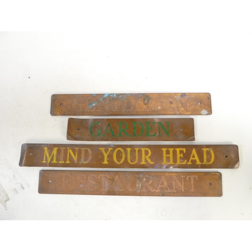 2 - Four copper signs - 'Mind Your Head', 'Gentleman', 'Restaurant' and 'Garden'.