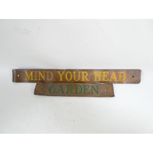 2 - Four copper signs - 'Mind Your Head', 'Gentleman', 'Restaurant' and 'Garden'.