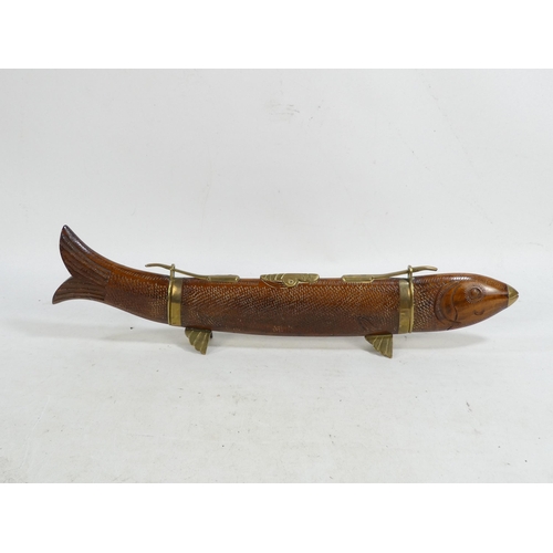 21 - A 20th century Indian carving set - modelled as a fish with brass mounts.