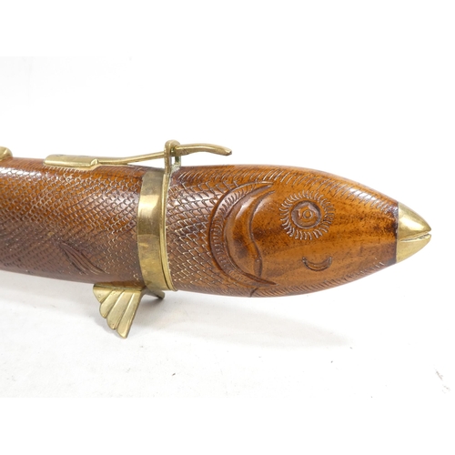 21 - A 20th century Indian carving set - modelled as a fish with brass mounts.