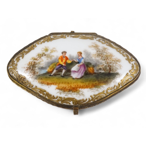 214 - A 19th century Meissen patch box - navette shaped with a ribbed body and a gilt metal interior, 9cm ... 