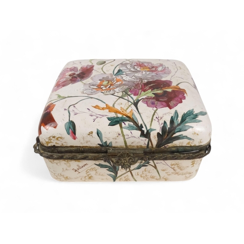 215 - A late 19th century continental ceramic box - rectangular with gilt mounts and decorated with summer... 