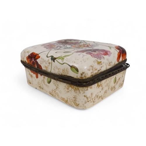 215 - A late 19th century continental ceramic box - rectangular with gilt mounts and decorated with summer... 