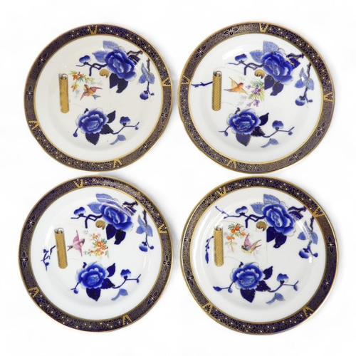 221 - Four Worcester plates - decorated in chinoiserie style with flowers and birds, date code for 1889, 1... 