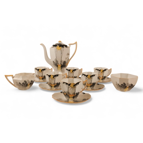 227 - A Shelley Art Deco 'Queen Anne' shape part coffee service - Sunset and Tall Trees, for six place set... 