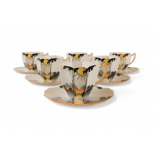 227 - A Shelley Art Deco 'Queen Anne' shape part coffee service - Sunset and Tall Trees, for six place set... 