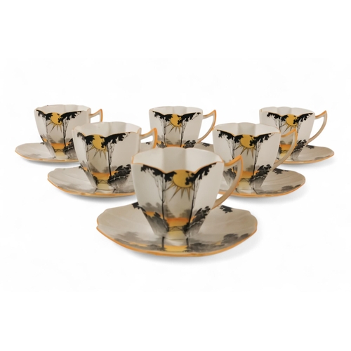 227 - A Shelley Art Deco 'Queen Anne' shape part coffee service - Sunset and Tall Trees, for six place set... 