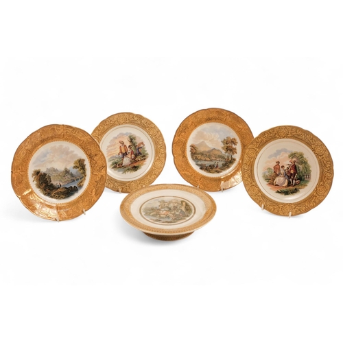 247 - A Prattware part dessert service - comprising a comport and four plates, 23cm diameter.