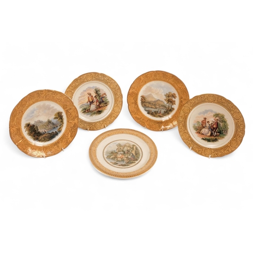 247 - A Prattware part dessert service - comprising a comport and four plates, 23cm diameter.