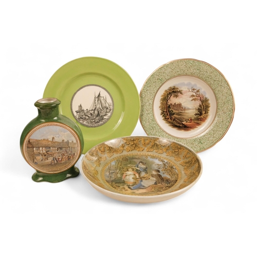 248 - A Prattware moon flask - 'Shakespeare's House', 16cm high, together with three Parttware plates. (4)