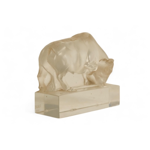 249 - A Lalique frosted glass Taureau paperweight in the form of a bull - frosted and clear glass, etched ... 