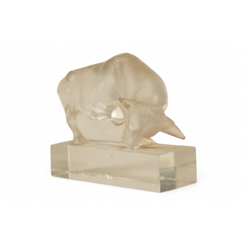 249 - A Lalique frosted glass Taureau paperweight in the form of a bull - frosted and clear glass, etched ... 