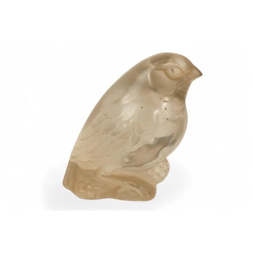 250 - An early 20th century pressed glass car mascot - clear and frosted glass, modelled as a wren seated ... 