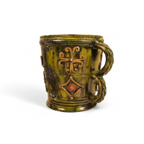 266 - A Castle Hedingham green glazed mug - bearing the date 1612, castle mark and inscribed to base, 17cm... 