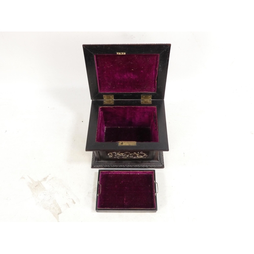 306 - A late 19th century hardwood jewellery box - the hinged cover inset with mother-of-pearl scholar fig... 