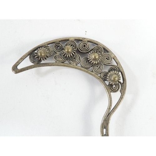 308 - Three various Chinese white metal hair pins - one modelled as blooming flowers, the other two as fol... 