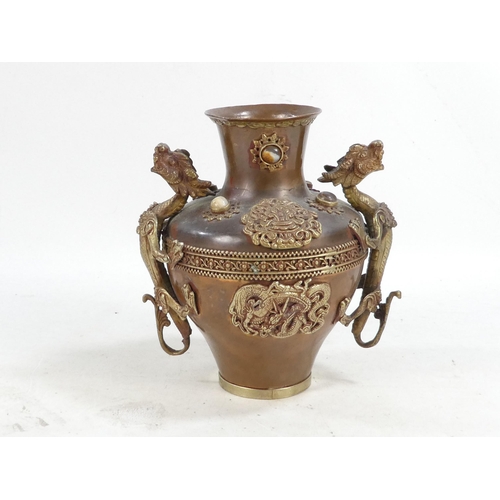 309 - A Chinese copper and brass vase - mounted with dragons and cabochon hardstones, 20cm high.