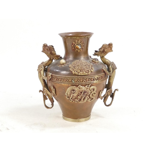 309 - A Chinese copper and brass vase - mounted with dragons and cabochon hardstones, 20cm high.