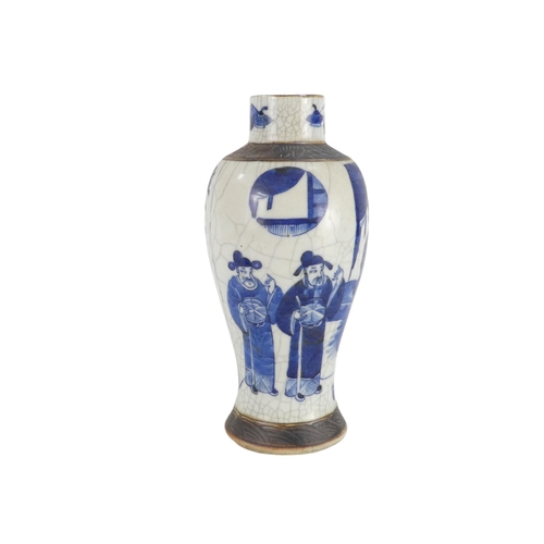 310 - A Chinese Guangxu period blue and white crackle glaze vase - of baluster form decorated with scholar... 