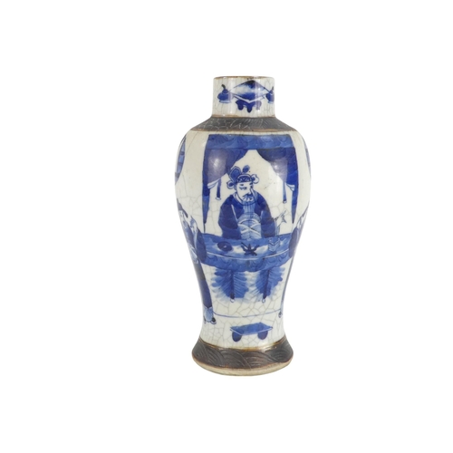 310 - A Chinese Guangxu period blue and white crackle glaze vase - of baluster form decorated with scholar... 