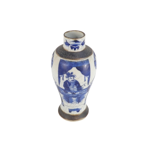 310 - A Chinese Guangxu period blue and white crackle glaze vase - of baluster form decorated with scholar... 