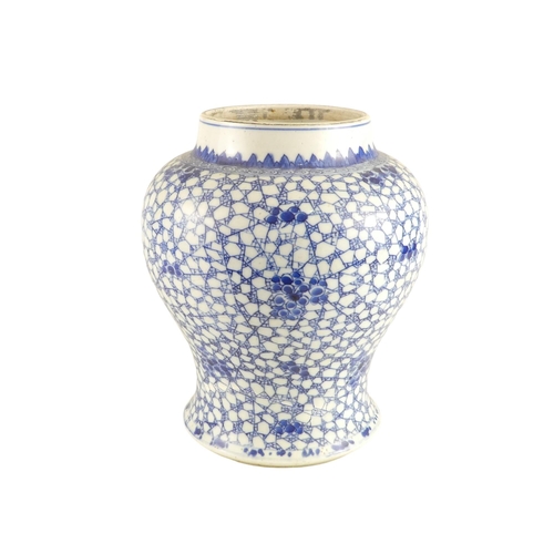 320 - A 19th century Chinese blue and white vase - of squat baluster form, decorated with berries on a web... 