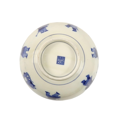 321 - A 19th century Chinese blue and white bowl - decorated with seven figures below wisteria, the centre... 