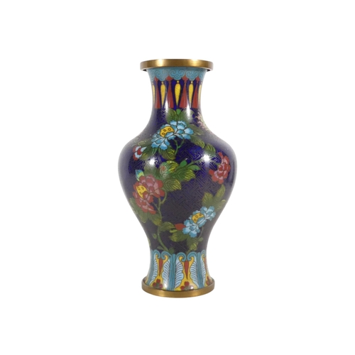 334 - A pair of early 20th century cloisonne vases - of baluster form, decorated with flowers on a blue gr... 