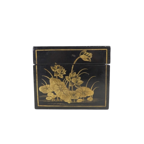 335 - A 20th century black lacquer chinoiserie box - of rectangular form and decorated with landscape scen... 