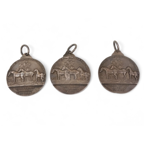 496 - Three Light Horse Breeding Society silver medals - for years 1928, 1929 and 1930, 127g.