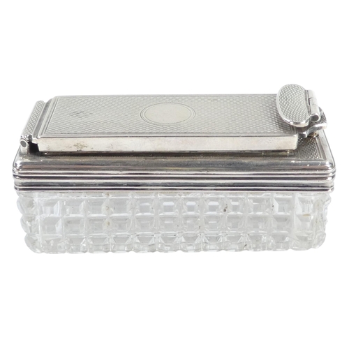 501 - A silver mounted glass inkwell - London 1839, rectangular with a hobnail cut and an engine turned sc... 