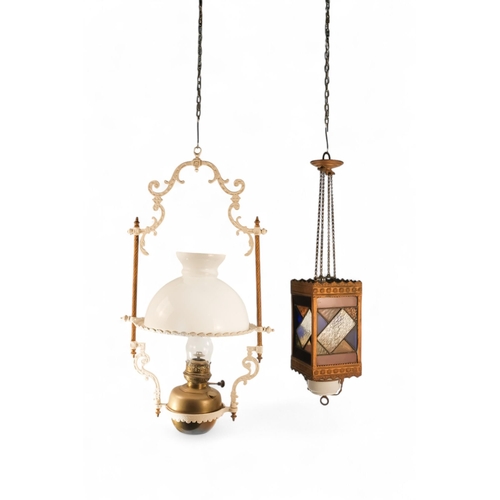 54 - A late 19th century hall lantern - square with stained glass panels and fitted with an oil lamp, 37c... 