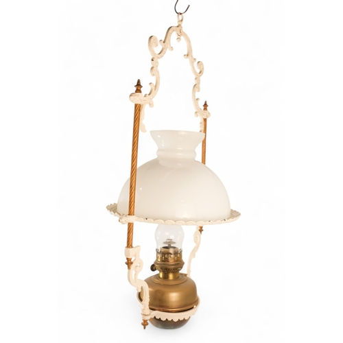 54 - A late 19th century hall lantern - square with stained glass panels and fitted with an oil lamp, 37c... 