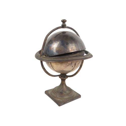 553 - A late 19th century silver plated 'ships' ink stand - of globe form and mounted on a gimble raised o... 