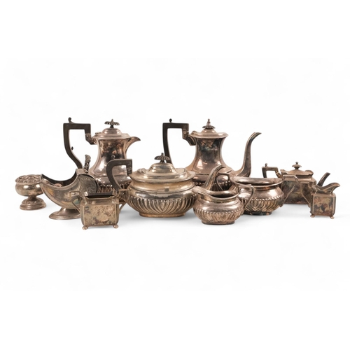 555 - A silverplated five piece tea service - part gadrooned with ebonised fittings, comprising teapot, co... 