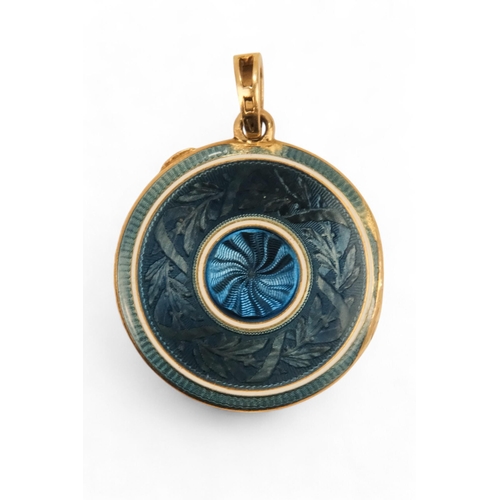 572 - An early 20th century guilloche and yellow metal locket pendant - in blue and white, set with a diam... 