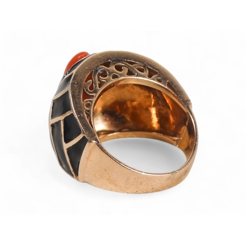 574 - A 9ct gold Art Deco cocktail ring - coral set within a diamond band on a black enamel ground, 10.4g.