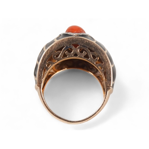 574 - A 9ct gold Art Deco cocktail ring - coral set within a diamond band on a black enamel ground, 10.4g.