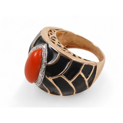 574 - A 9ct gold Art Deco cocktail ring - coral set within a diamond band on a black enamel ground, 10.4g.