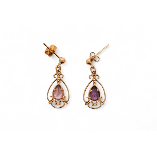 621 - A pair of 9ct gold and amethyst drop earrings - in the Art Nouveau style, together with two further ... 