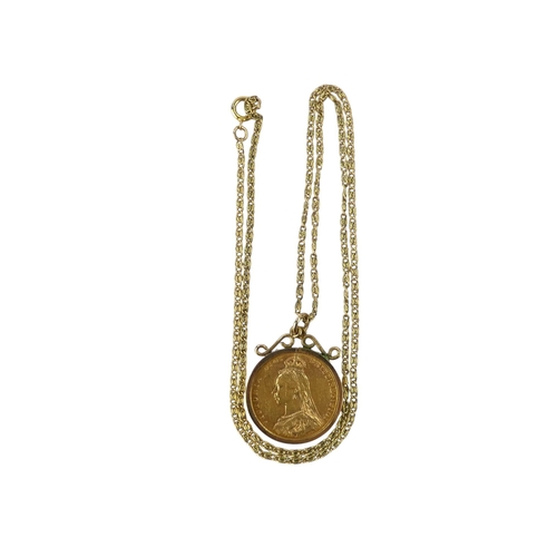 622 - A Victorian sovereign - 1890, in a 9ct gold frame on a fancy link 9ct chain, 14.1g.