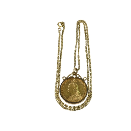 622 - A Victorian sovereign - 1890, in a 9ct gold frame on a fancy link 9ct chain, 14.1g.