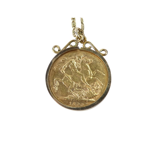 622 - A Victorian sovereign - 1890, in a 9ct gold frame on a fancy link 9ct chain, 14.1g.