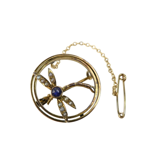 629 - A 9ct gold sapphire and pearl set brooch - annular and incorporating a dragonfly, 3g.