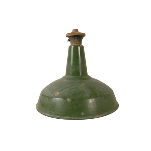 65 - A vintage green enamel industrial lamp shade - with white interior, 45cm diameter.