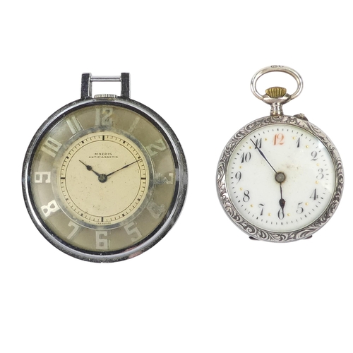 706 - A 20th century Moeris pocket watch - open face with exhibition movement within a chrome case, togeth... 