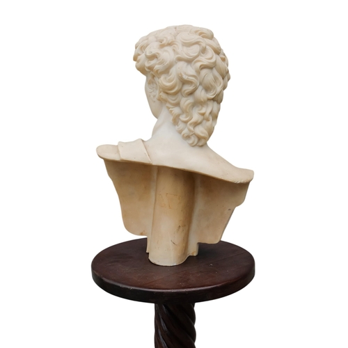 73 - A cast cream resin bust of David - raised on a spiral carved pedestal support with square base and b... 