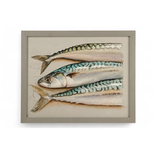 749 - Jan Merrick HORN (British b. 1948) Three Mackerel Oil on board Initialled lower left and inscribed v... 